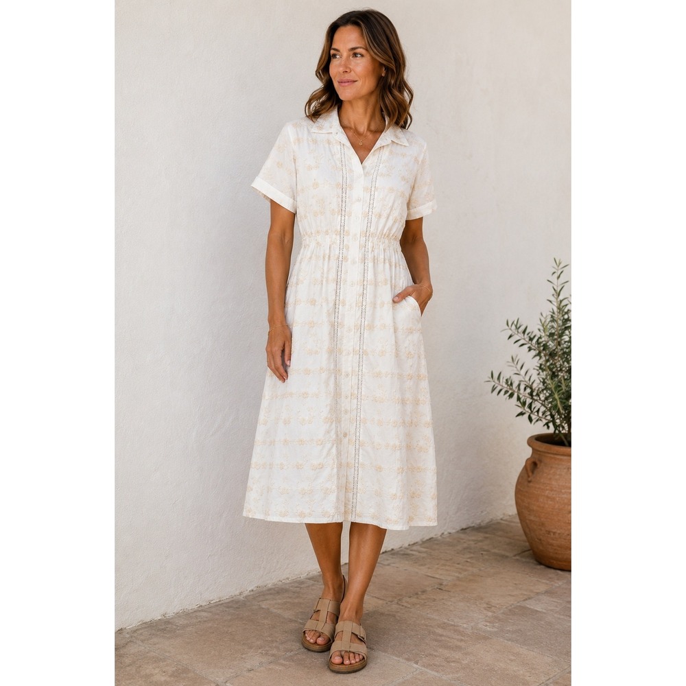Tularosa Small Midi Dress Cream Floral Embroidery Lace Trim Boho Button Front